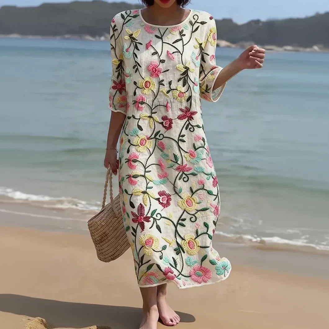 Noemi | Embroidered Midi Dress with Sleeves