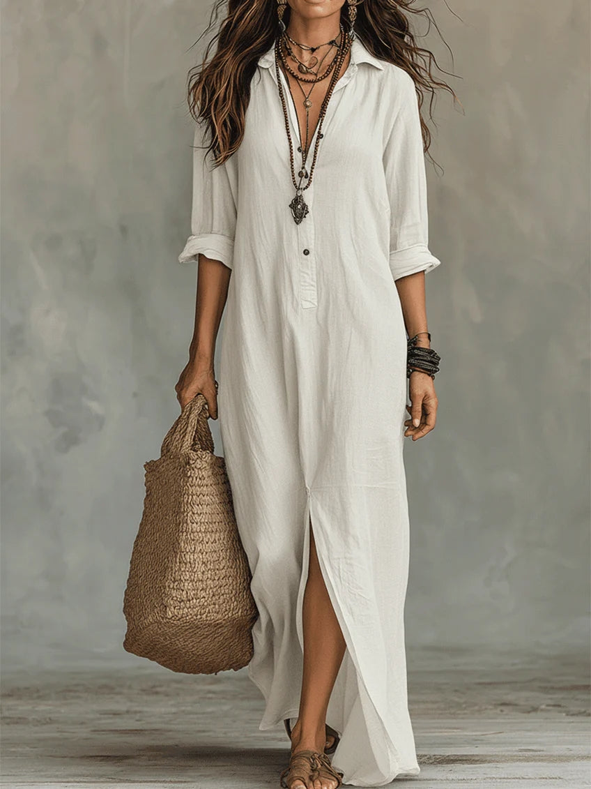 Soline | Black Flowing Long Dress with Buttons