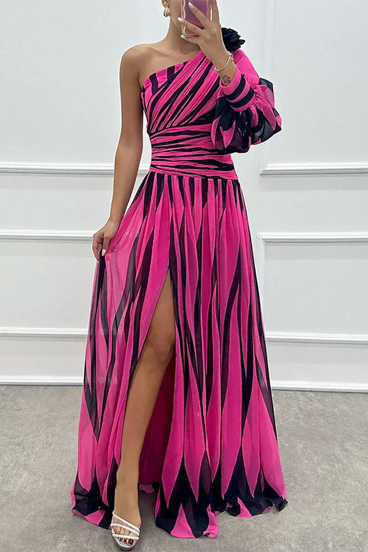 Violet & Grace™ |Elegant Striped Maxi Dress with One Shoulder