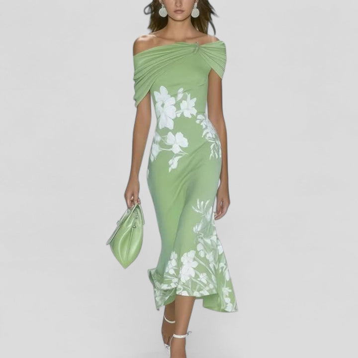 Stella | Midi Floral Dress with Off-the-Shoulder Sleeves