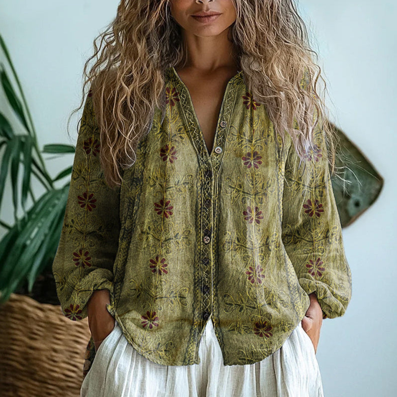 Floral | Boho Floral Linen Blouse for Women