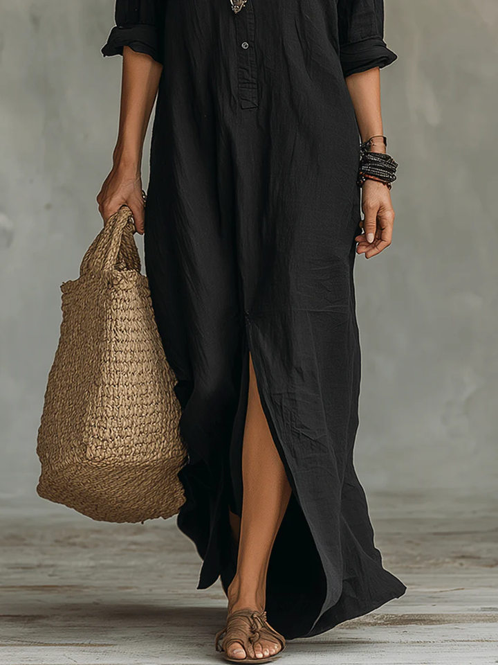 Soline | Black Flowing Long Dress with Buttons