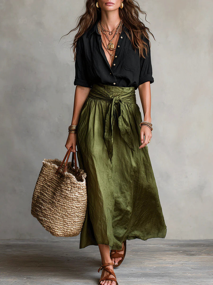 River | Two-Piece Set Black Top and Olive Green Midi Skirt