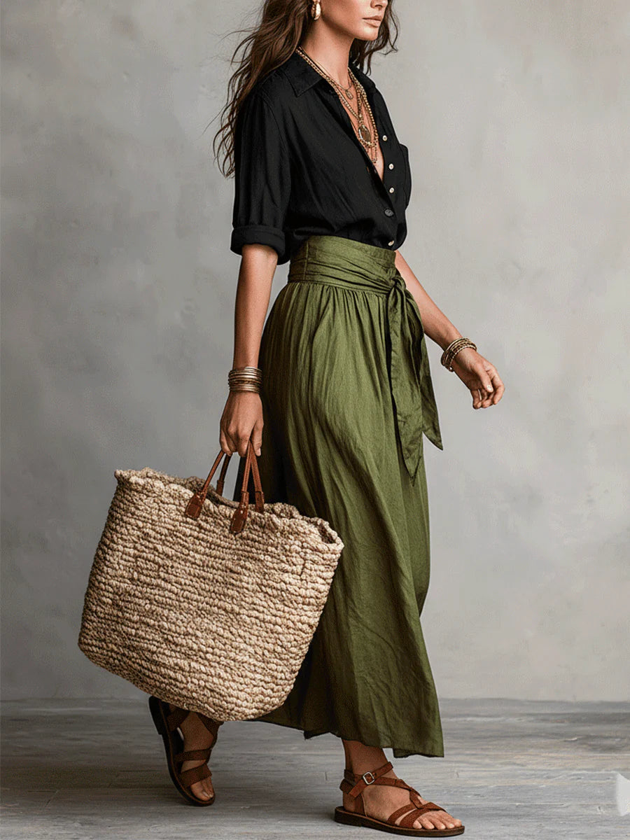 River | Two-Piece Set Black Top and Olive Green Midi Skirt