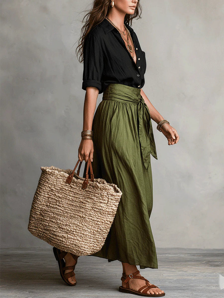 River | Two-Piece Set Black Top and Olive Green Midi Skirt