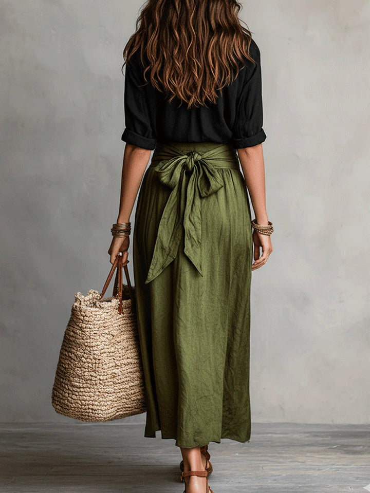 River | Two-Piece Set Black Top and Olive Green Midi Skirt