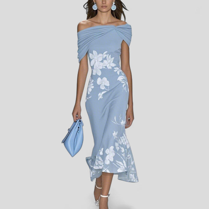 Stella | Midi Floral Dress with Off-the-Shoulder Sleeves