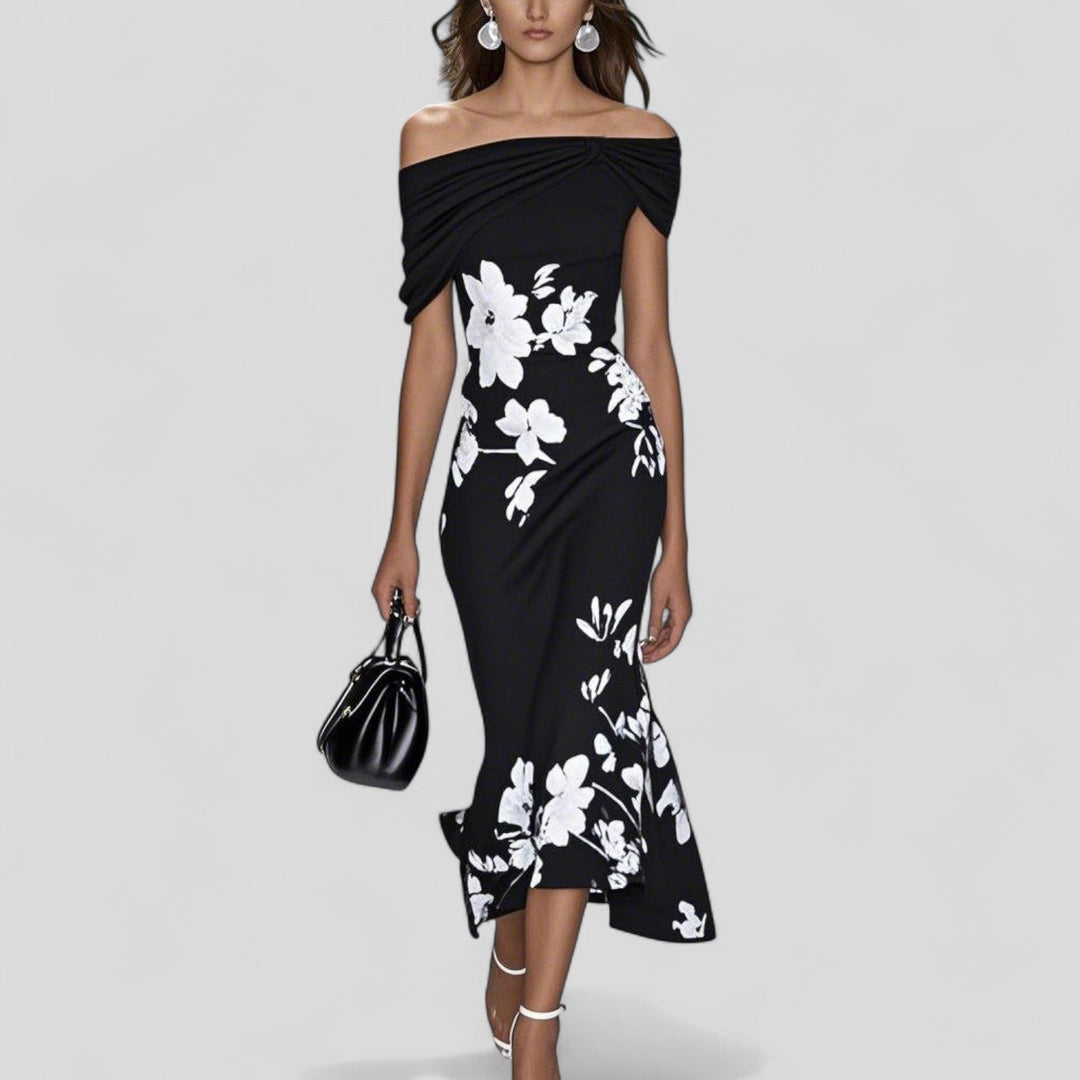 Stella | Midi Floral Dress with Off-the-Shoulder Sleeves