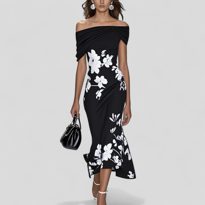 Stella | Midi Floral Dress with Off-the-Shoulder Sleeves