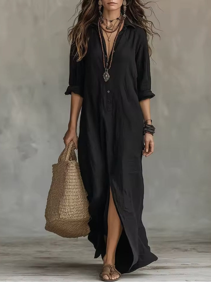 Soline | Black Flowing Long Dress with Buttons